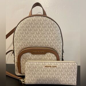 Michael Kors White and Brown Backpack and Wristlet